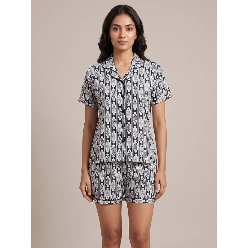 FABLUSH Black Rayon Half Sleeves Printed Shirt With Shorts (XL)