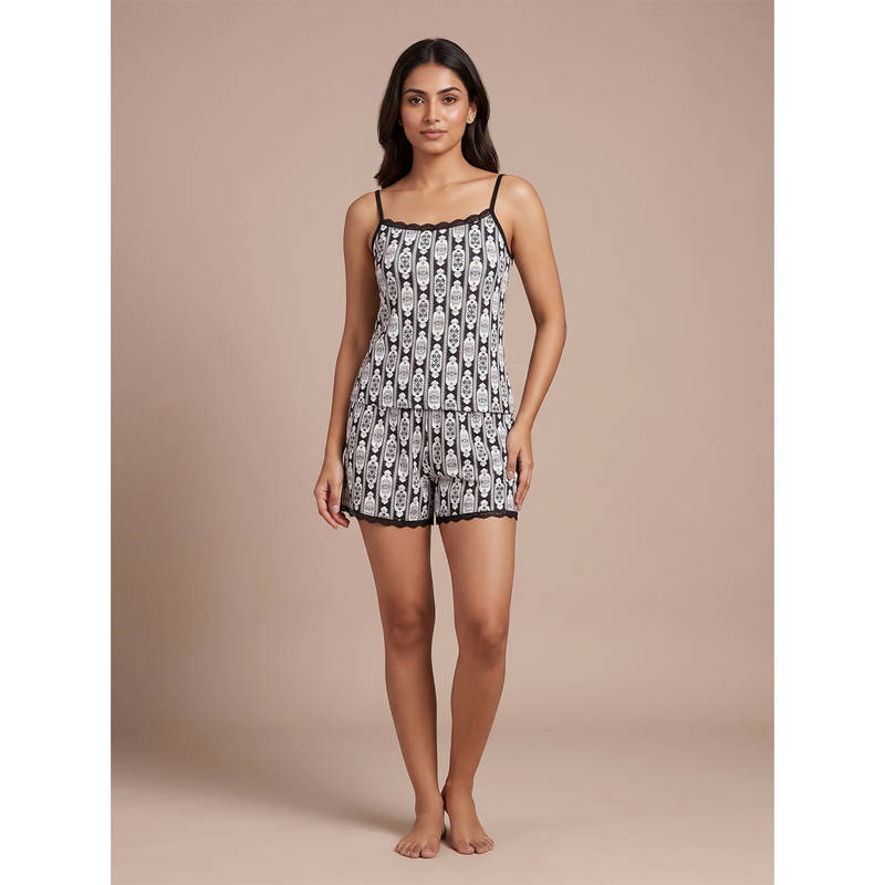 FABLUSH Black Rayon Half Sleeves Printed Top With Shorts (M)
