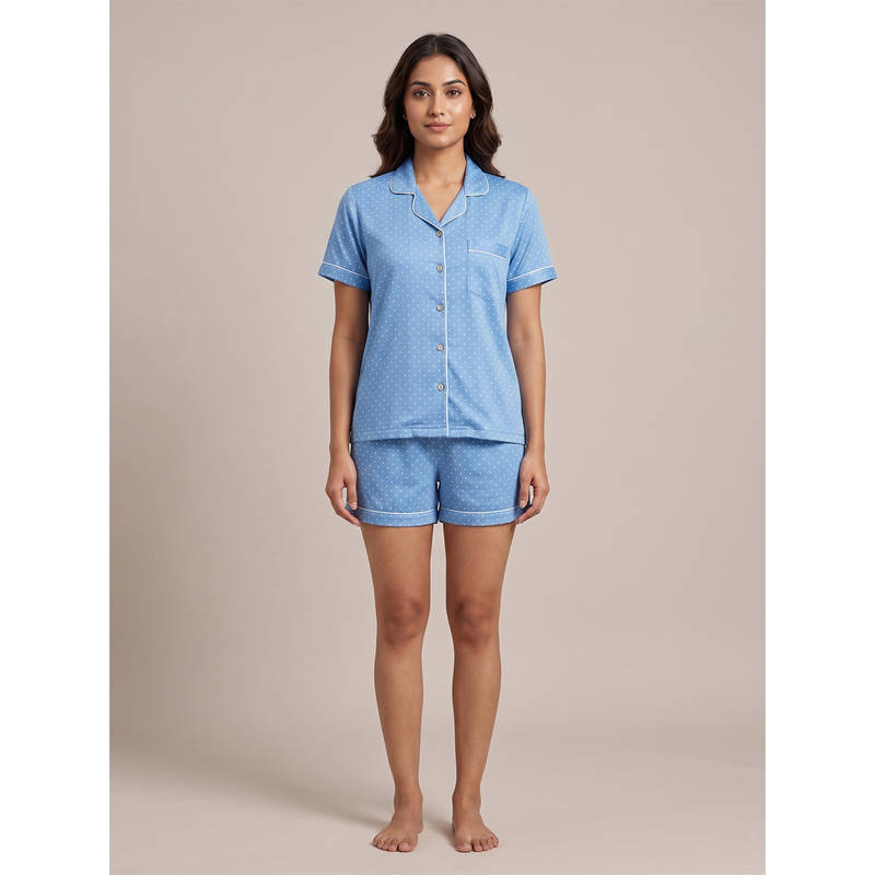FABLUSH Blue Viscose Half Sleeves Polka Dots Shirt with Shorts (2XL)