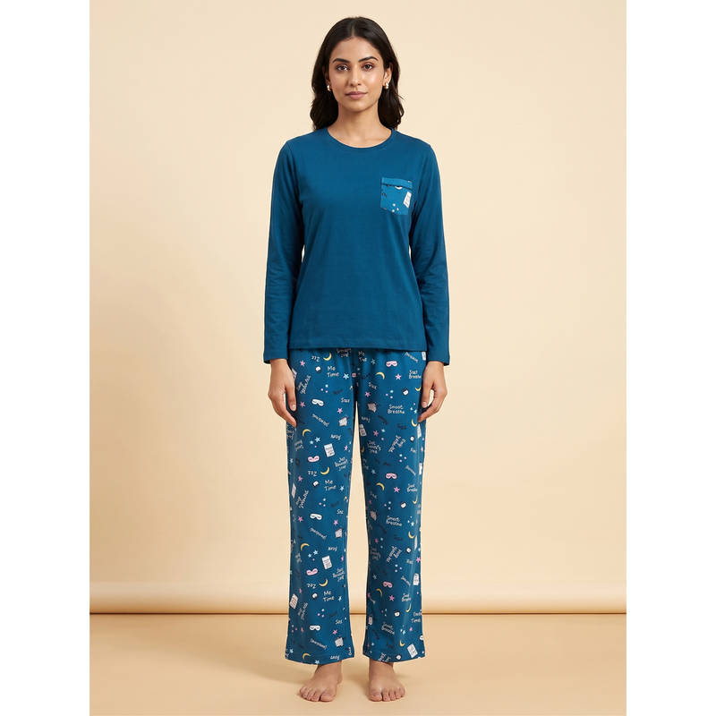 FABLUSH Blue Cotton Full Sleeves Printed T-Shirt with Pant (2XL)
