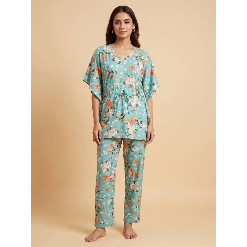 FABLUSH Green Viscose Flared Sleeves Printed Kaftan (M)