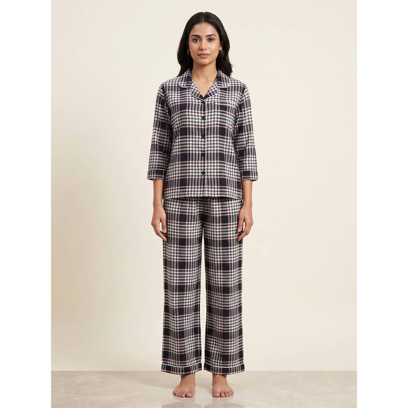 FABLUSH Black Cotton Three Fourth Sleeves Checks Shirt with Pant (2XL)