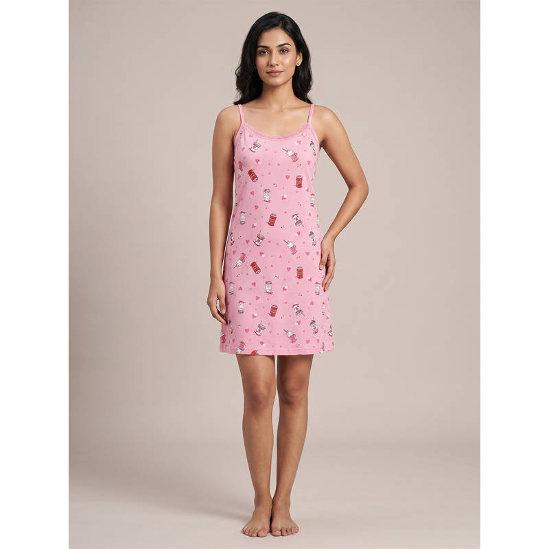 FABLUSH Pink Viscose Sleeveless Printed Nightdress (2XL)