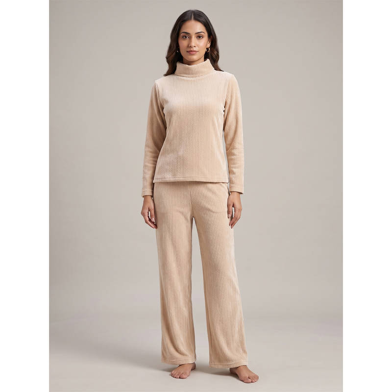FABLUSH Beige Cotton Full Sleeves Textured Top With Pant (2XL)