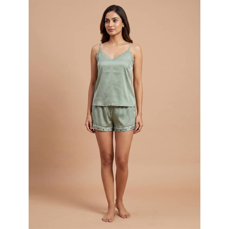 FABLUSH Green Rayon Sleeveless Solid/Plain Top with Shorts (L)