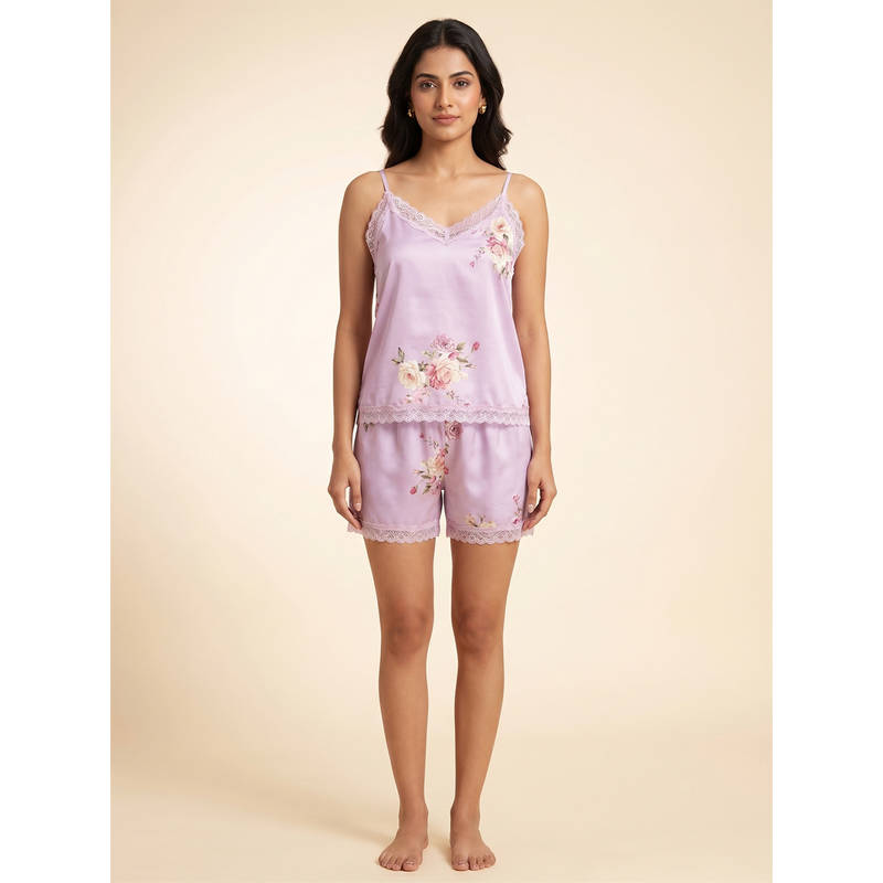 FABLUSH Pink Rayon Sleeveless Floral Top with Shorts (L)