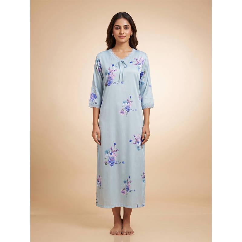 FABLUSH Blue Satin Three Fourth Sleeves Floral Nightdress (2XL)