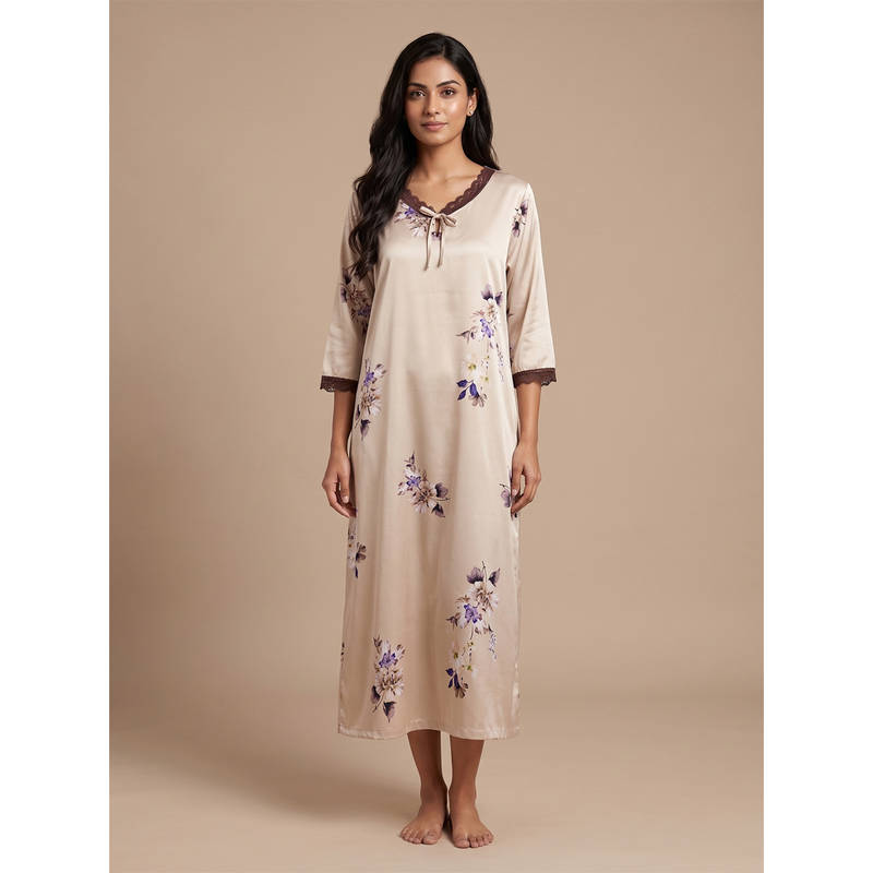FABLUSH Brown Satin Three Fourth Sleeves Floral Nightdress (2XL)