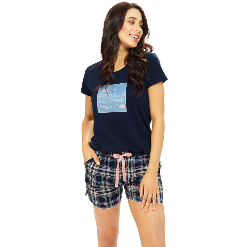 LOTIK Women Cotton Navy Blue Checkred Printed T-Shirt and Shorts (S)