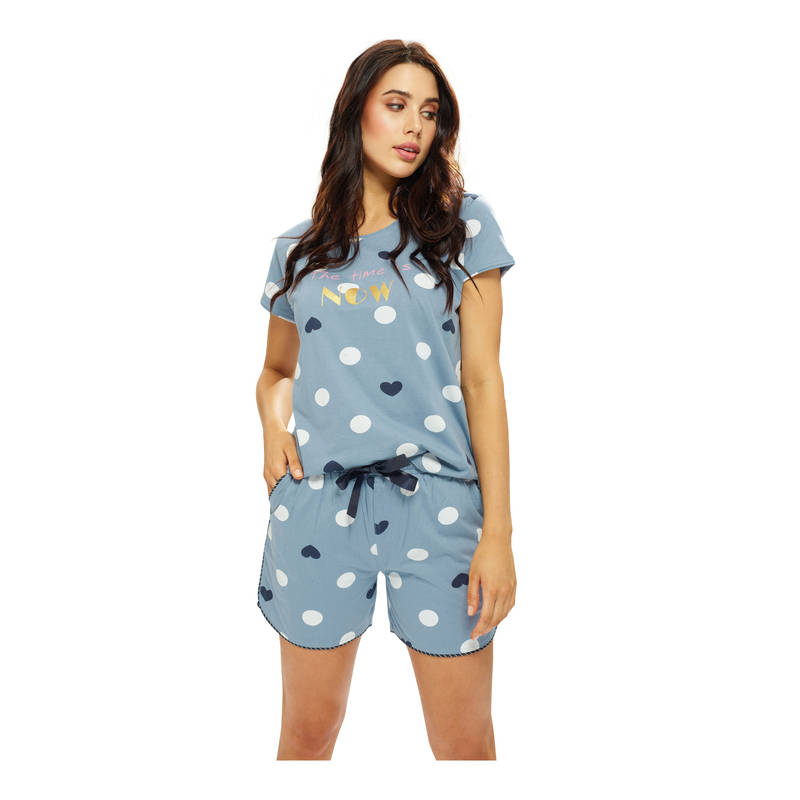 LOTIK Women Cotton Sky Blue Polka Dots Printed T-Shirt and Shorts (S)