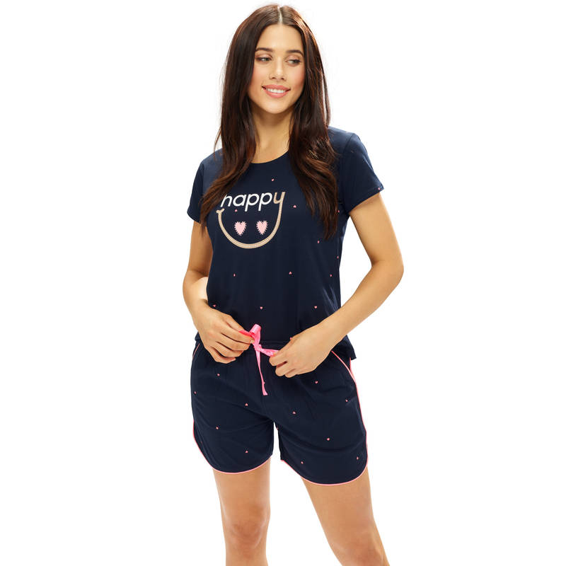 LOTIK Women Cotton Navy Blue Little Heart Printed T-Shirt and Shorts (M)