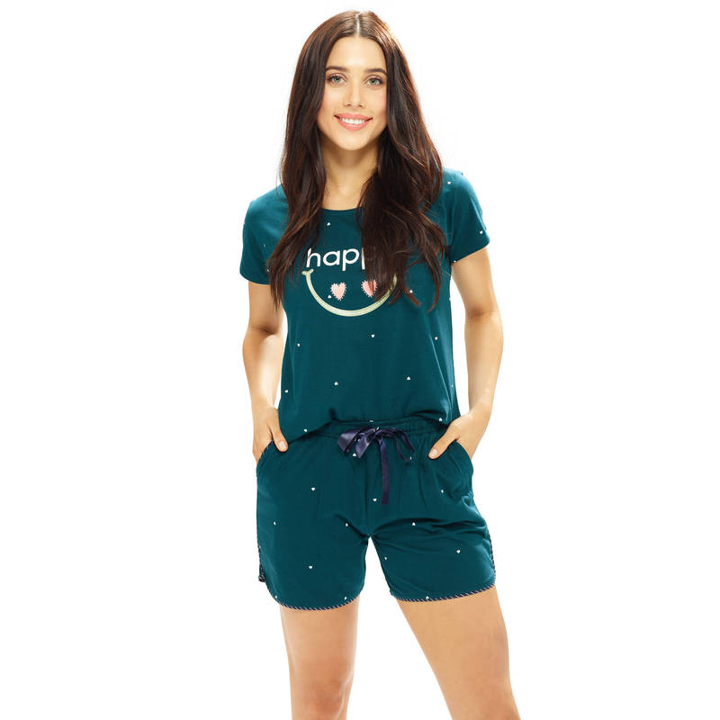 LOTIK Women Cotton Teal Little Heart Printed T-Shirt and Shorts (S)