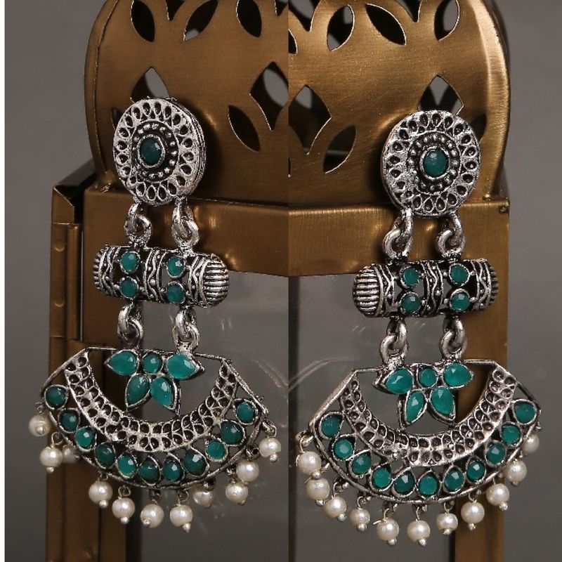 Green - German Silver-Plated Ethnic Drop Earrings 65
