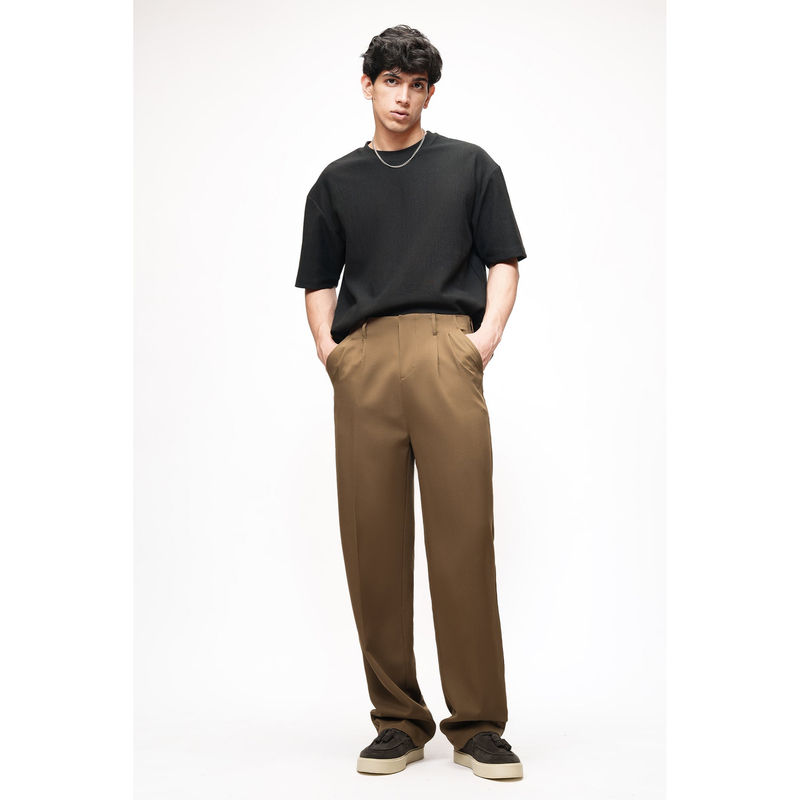 FREAKINS Earthy Brown Double Pleated Men Korean Pants (38)