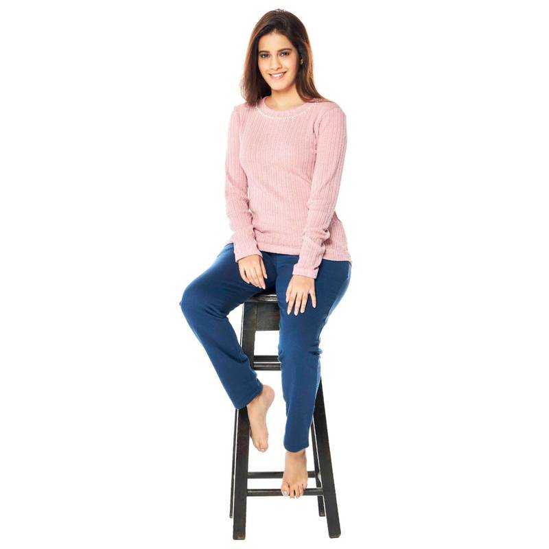 July Nightwear Winter Collection For Women Pink and Blue Fleece Track Suit with Round Neck (XL)