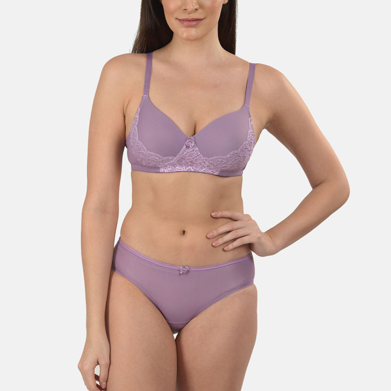 Mod & Shy Women Solid, Lightly Padded Lingerie Set - Purple (34B)