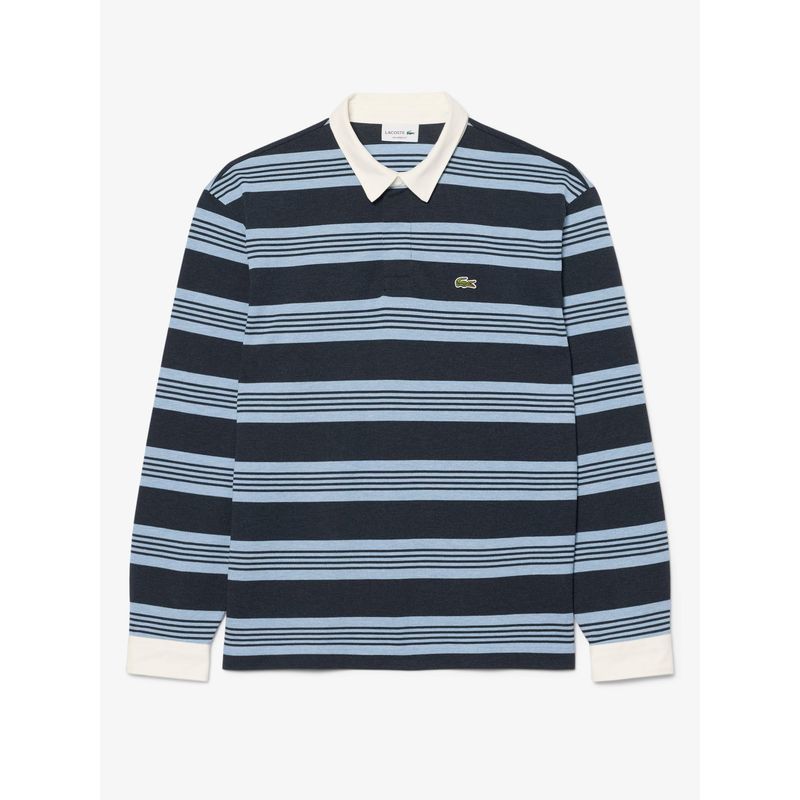 Lacoste Men Blue Relaxed Fit Striped Pique Rugby Polo Shirt (S)
