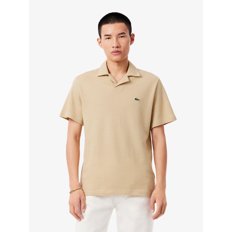 Lacoste Men Beige Classic Fit Cotton-Linen Polo Shirt (S)