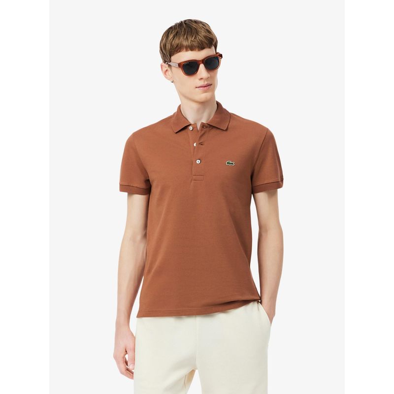 Lacoste Men Brown Slim Fit Stretch Petit Pique Polo Shirt (S)