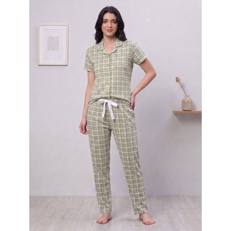LOTIK Women'S Cotton Green Checkered Printed Front Open Half Sleeve Shirt and Pyjama (S)