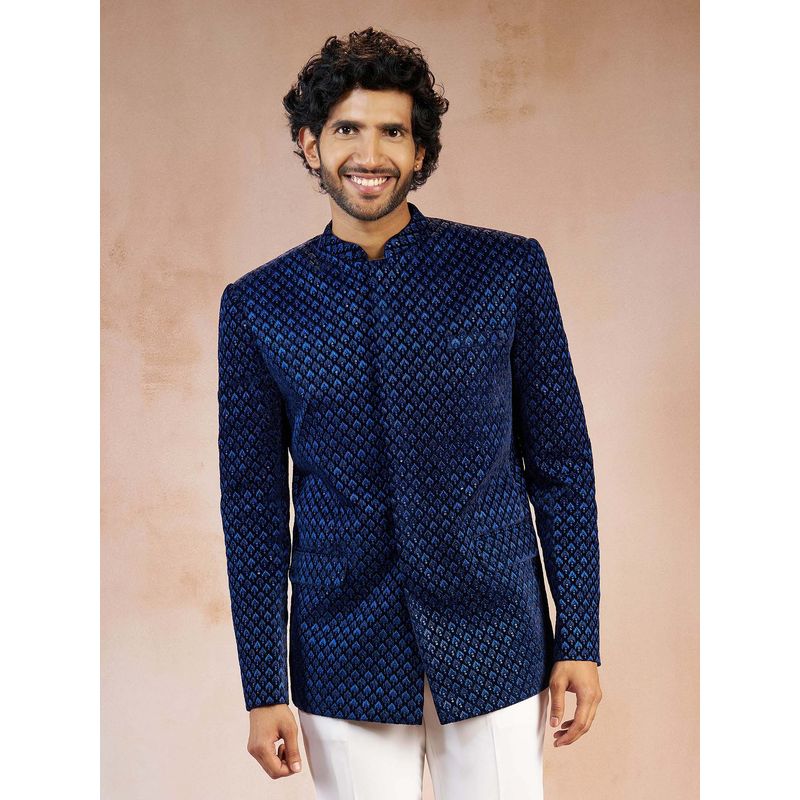 Vastramay Men Blue Velvet Thread Embroidered Ethnic Motif Bandhgala (S)