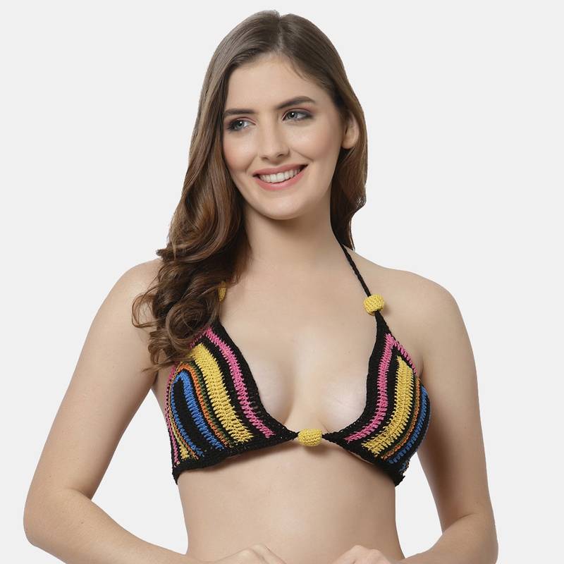 Velvery Handmade Crochet Halter Neck Beaded Bra-Multi-Color (L)