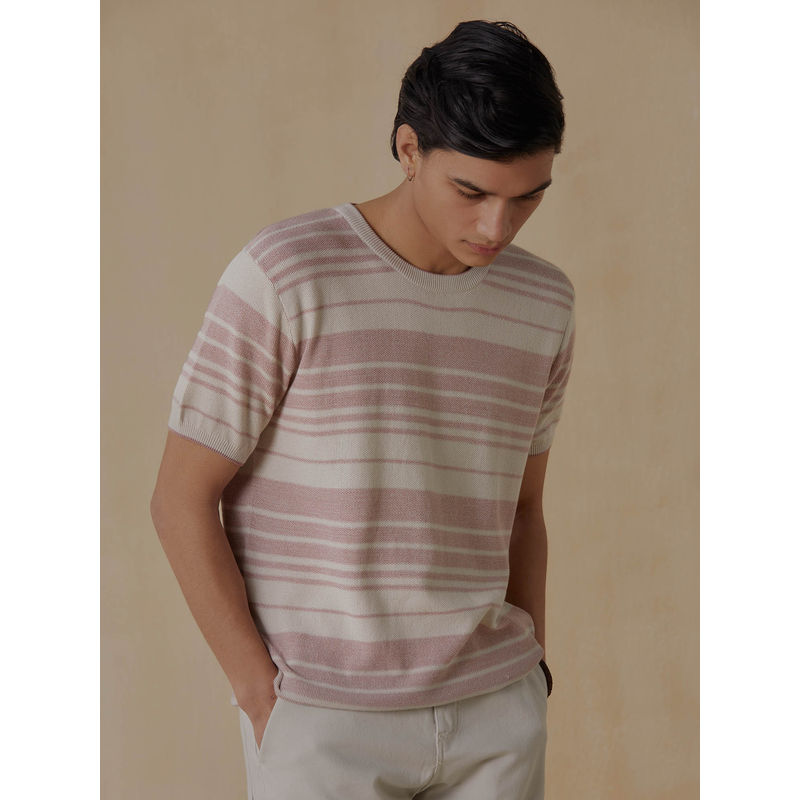 Andamen Men Pink Half Sleeve Stripes T-Shirt (S)