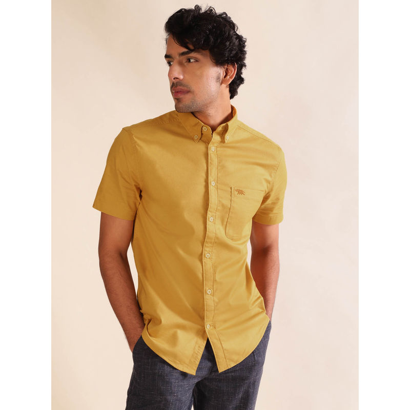 Andamen Regular Fit Men Mustard Oxford Half Sleeve Patch Pocket Casual Shirt (S)