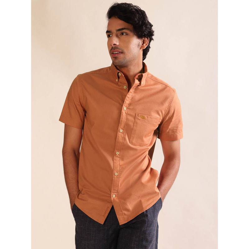 Andamen Regular Fit Men Tan Oxford Half Sleeve Patch Pocket Casual Shirt (M)