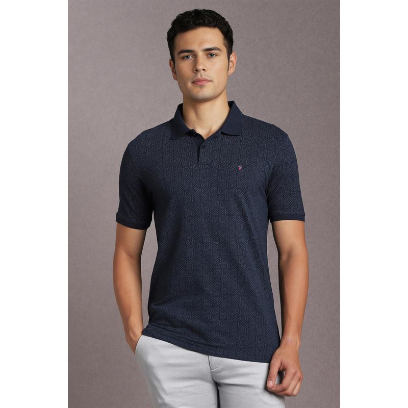 Louis Philippe Men's Navy Blue Polo T-Shirt with Textured Geometric Pattern (L)