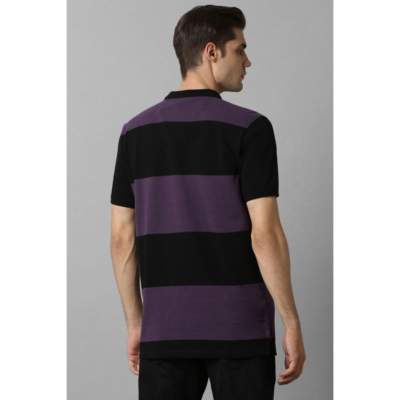 Louis Philippe Men Black Stripe Polo Neck T-shirt (L)
