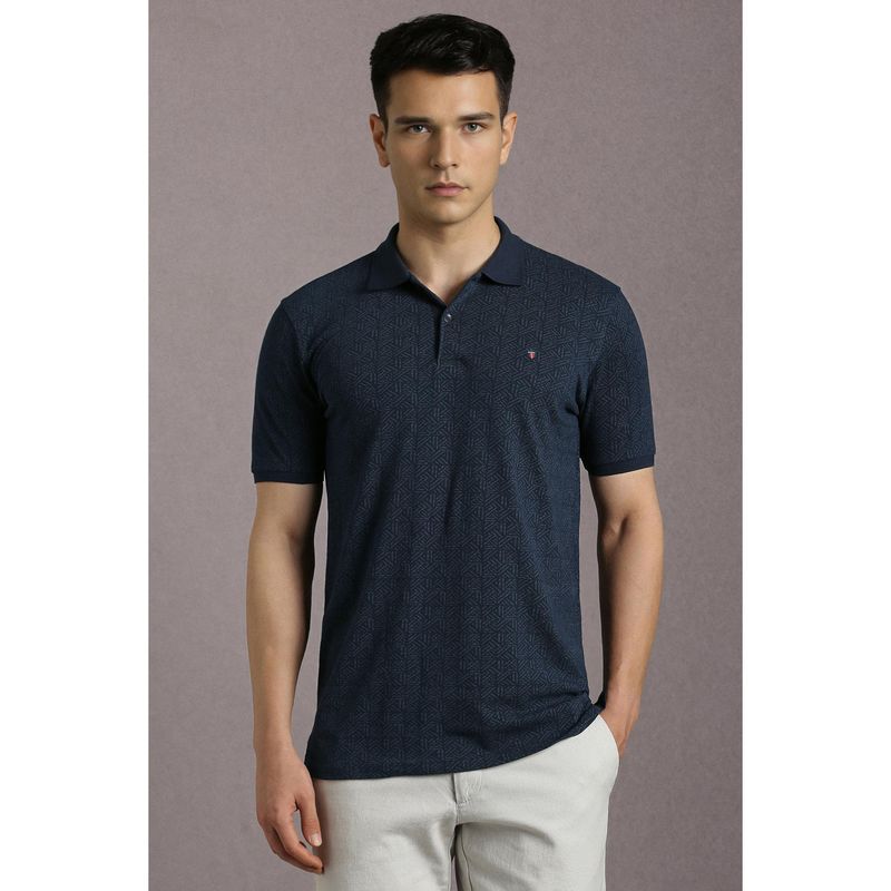 Louis Philippe Men's Navy Blue Polo T-Shirt with Textured Geometric Pattern (XL)