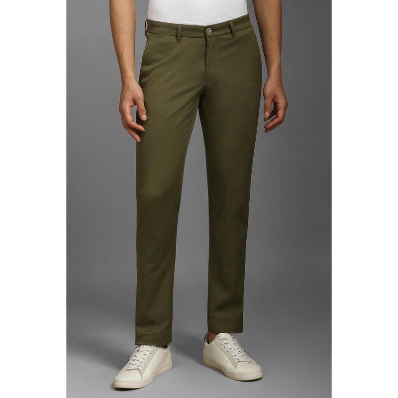 Louis Philippe Men Olive Slim Tapered Fit Textured Flat Front Casual Trousers (32)