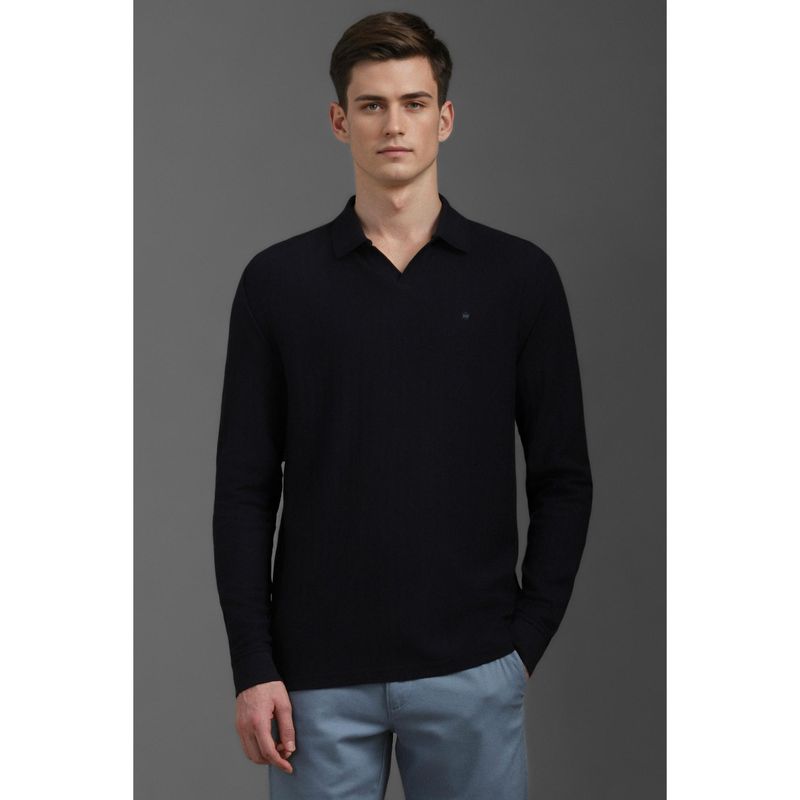 Louis Philippe Men Black Textured Collar Neck Polo T-Shirt (XL)