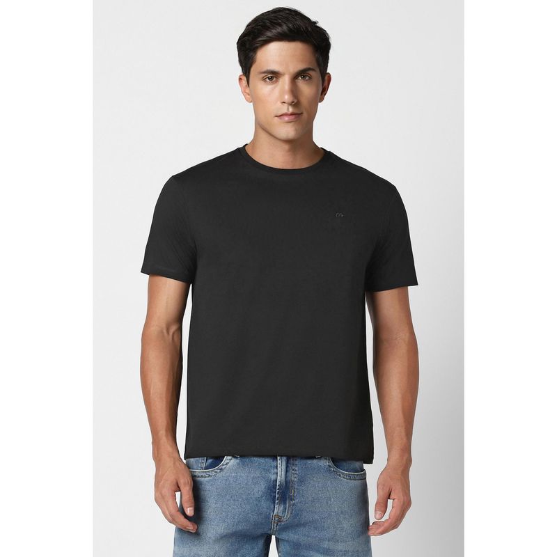Peter England Men Black Solid Round Neck T-Shirt (S)