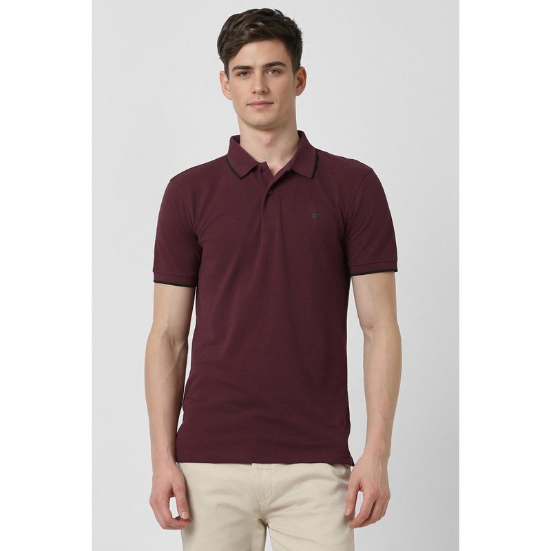 Peter England Men Maroon Solid Collar Neck Polo T-Shirt (L)