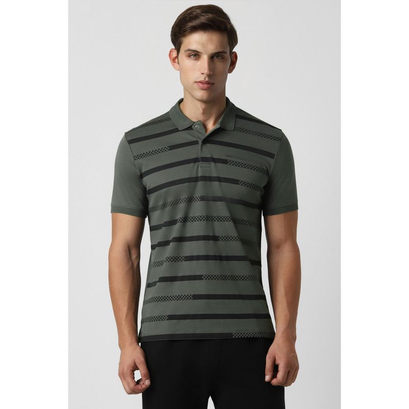 Van Heusen Men Grey Stripe Collar Neck Polo T-Shirt (M)