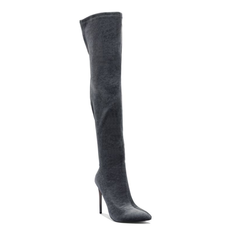 London Rag Madmam Stretch High Heel Velvet Boot in Grey (EURO 37)