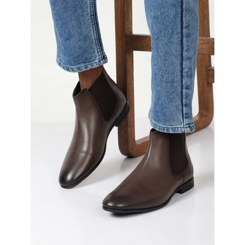 Teakwood Men Brown Solid Leather Mid-Top Chelsea Boots (EURO 40)