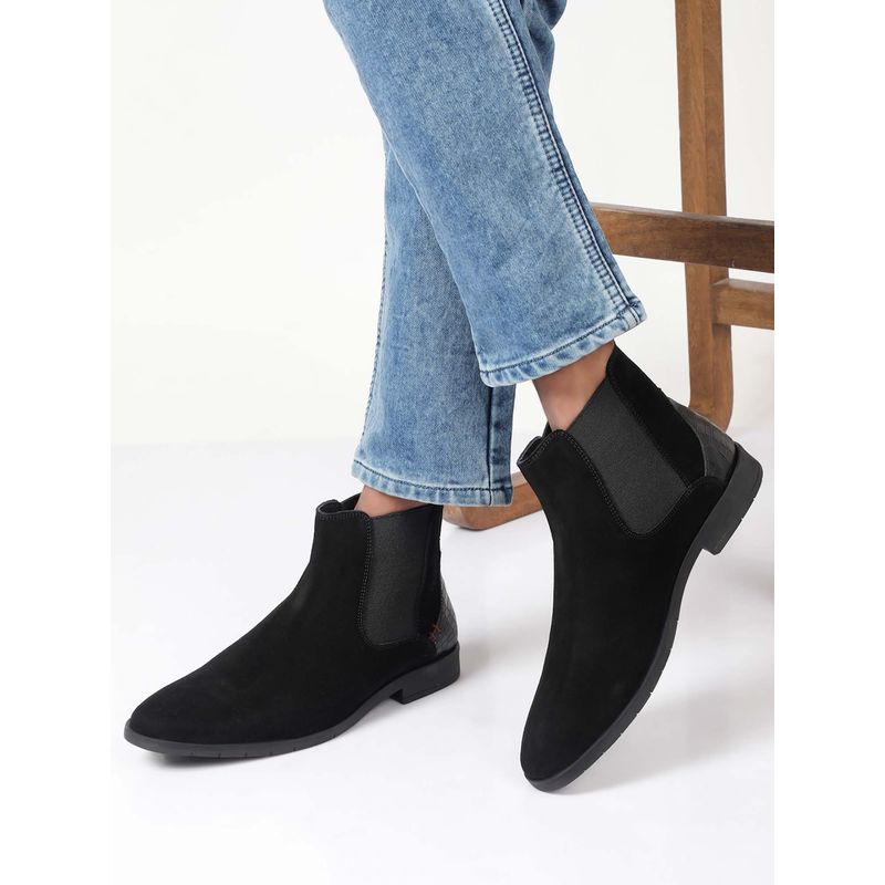 Teakwood Men Black Suede Leather Mid-Top Chelsea Boots (EURO 40)