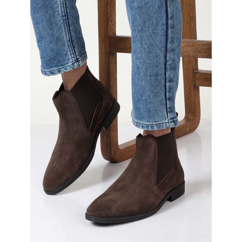 Teakwood Men Dark Brown Suede Leather Mid-Top Chelsea Boots (EURO 43)