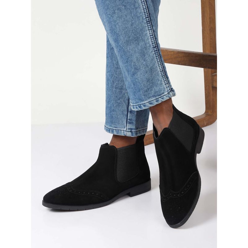 Teakwood Men Black Classy Suede Leather Mid-Top Chelsea Boots (EURO 44)