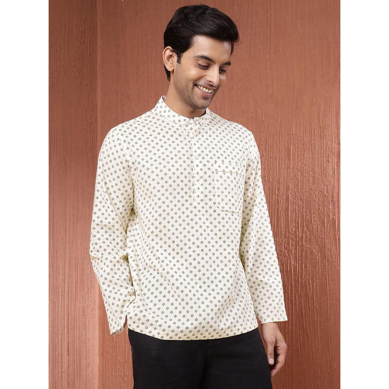 Fabindia Cream Cotton Printed Mid Placket Shirt (XS)