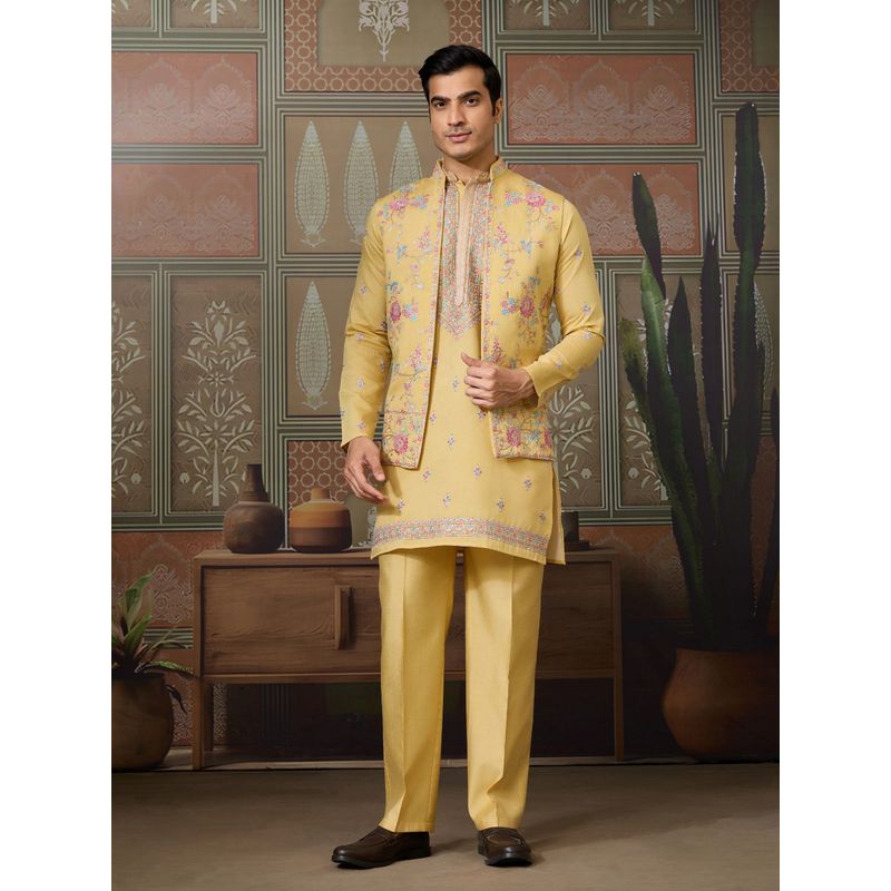 Odette Yellow Silk Blend Embroidered Stitched Men Kurta with Pant and Dupatta (XL)