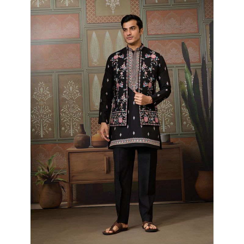 Odette Black Silk Blend Embroidered Stitched Men Kurta with Pant and Dupatta (L)