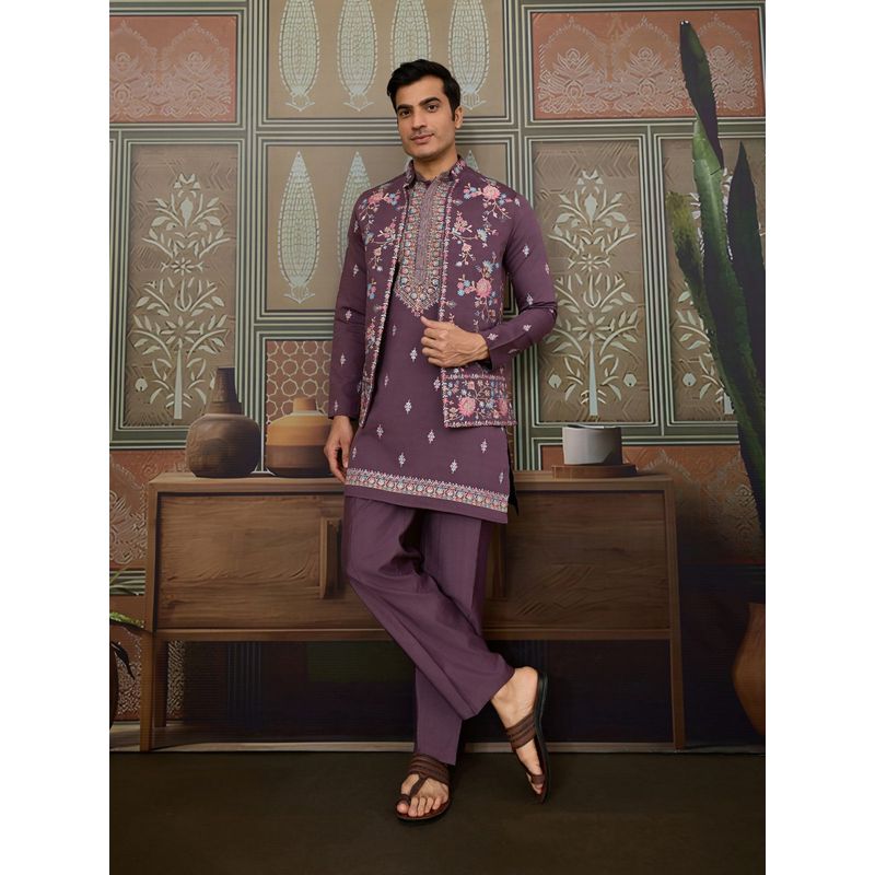 Odette Purple Silk Blend Embroidered Stitched Men Kurta with Pant and Dupatta (L)