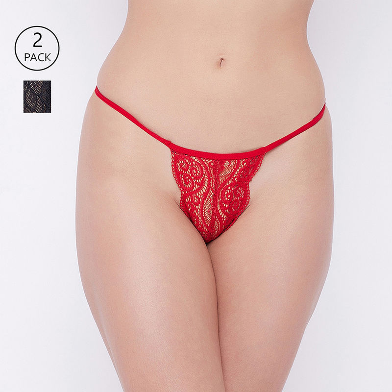 Secrets by Zerokaata Women Pack Of 2 Assorted Self Design Lace Thong Briefs (L)