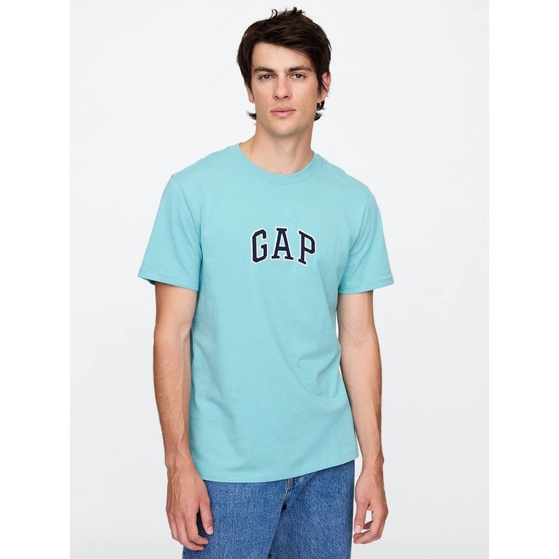 GAP Men Logo Print Crew Neck Half Sleeves Blue T-Shirt (S)