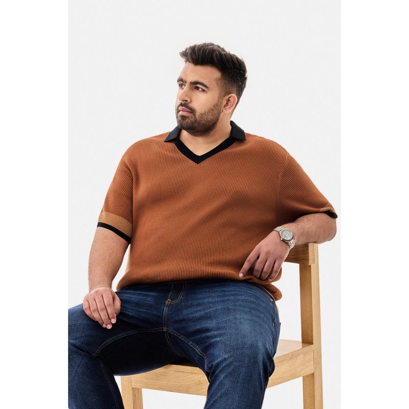Snitch Brown Ribbed Half Sleeves Regular Casual Plus Size Polo T-Shirt For Men (6XL)