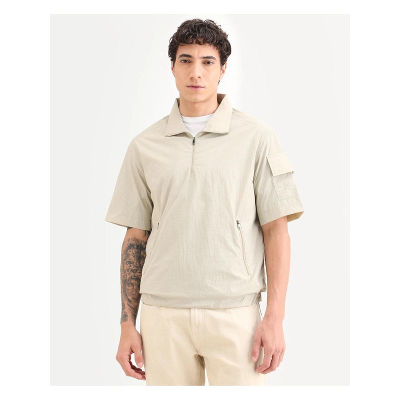 Rare Rabbit Mens Atto Beige Nylon Fabric Spread Collar Regular Fit Plain T-Shirt (XS)